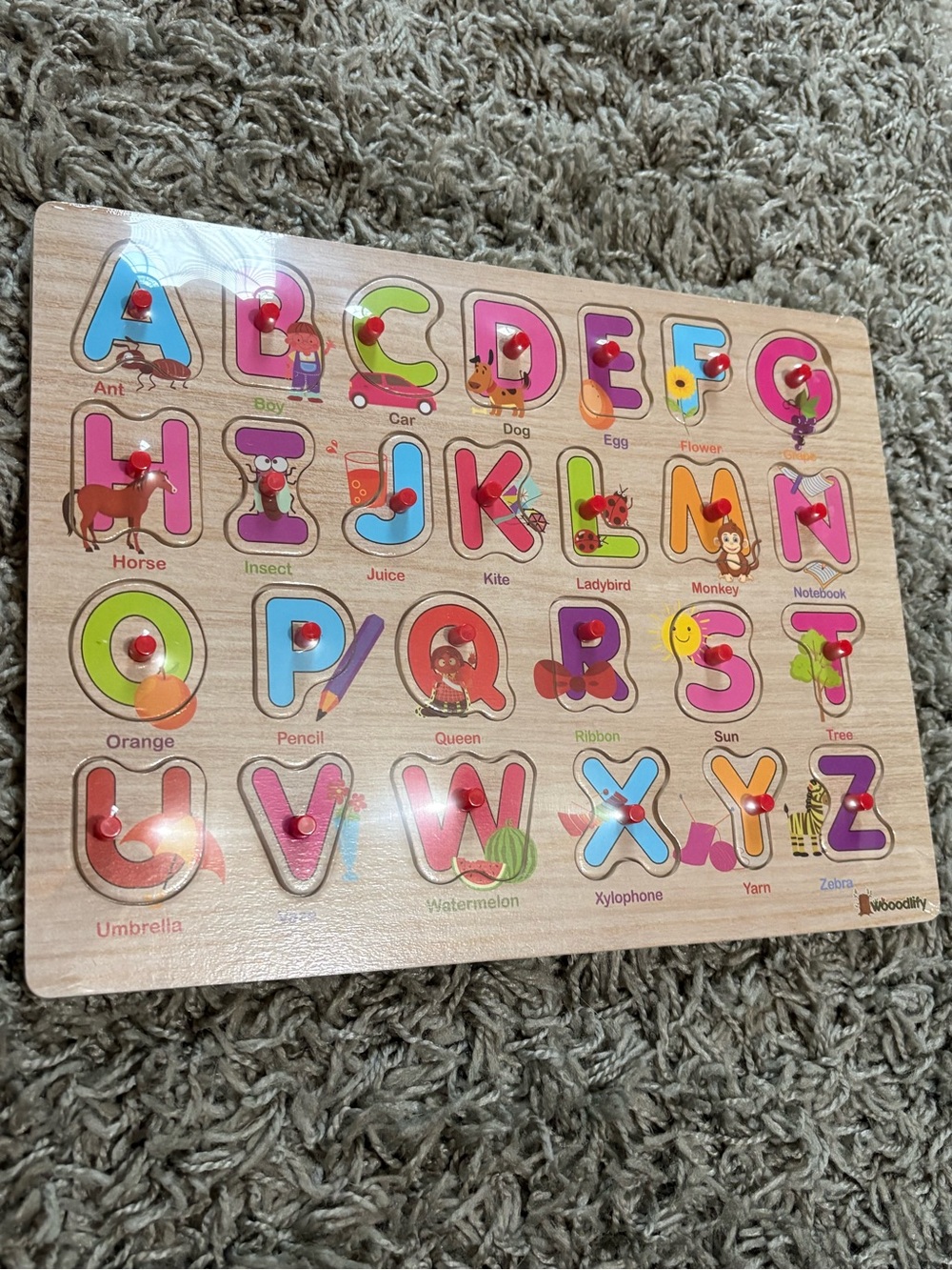 Wooden Alphabet Puzzle Board - Pink Letter Knobs -